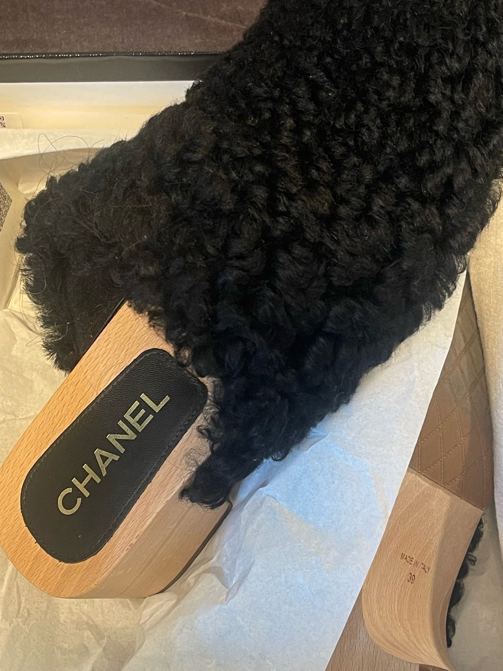 CHANEL Black Curly Shearling Clog Slides